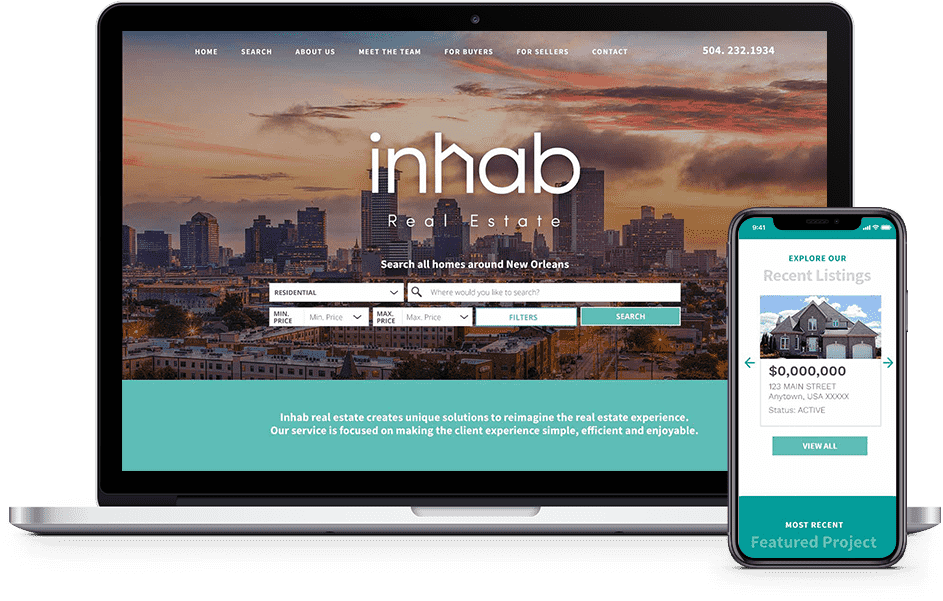 Mac and iPhone presentation of a Dakno site with a large hero image and teal sections